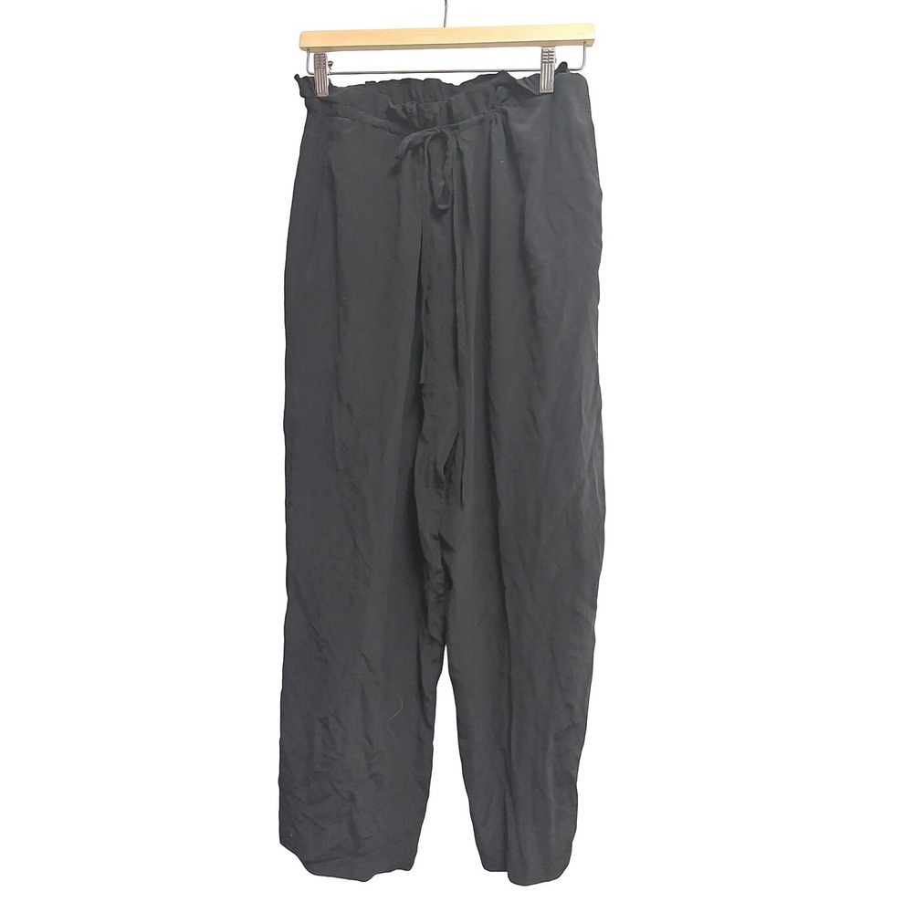 Vintage Valerie Stevens Pure Silk Black Wide Leg Trousers Crinkle Drawstring PM